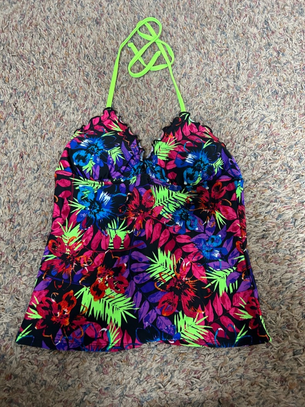 dELiA*s Neon Green Strap Multicolor Floral Halter Tankini Top